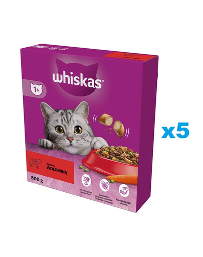 WHISKAS Adult 5x800g alimento secco completo per gatti adulti con carne di manzo