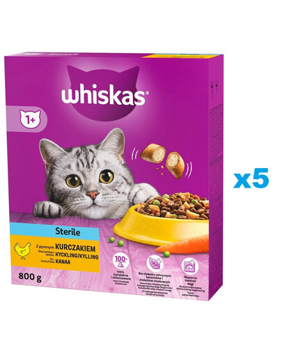 WHISKAS Sterile 5x800g Alimento secco con pollo per gatti adulti sterilizzati