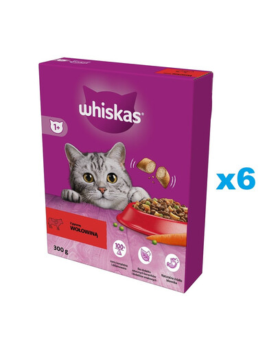 WHISKAS Adult 6x300g cibo secco per gatti adulti con carne di manzo