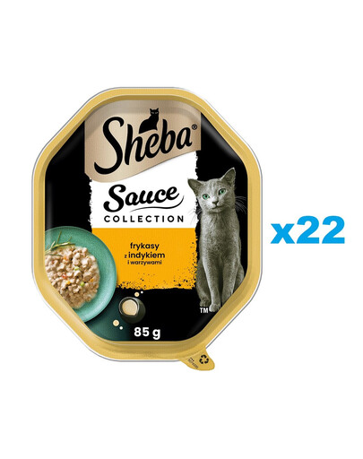 SHEBA Sauce Collection tacka 22x85 g mokra karma pełnoporcjowa dla dorosłych kotów frykasy z indykiem i warzywami w sosie