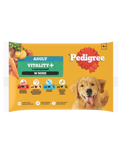 Adult Vitality+ z warzywami saszetki 4x85 g mokra karma pełnoporcjowa dla dorosłych psów z wołowiną i wątróbką, marchewką i groszkiem, z kurczakiem i ziemniakami, z rybą i marchewką, z drobiem, marchewką i groszkiem w sosie