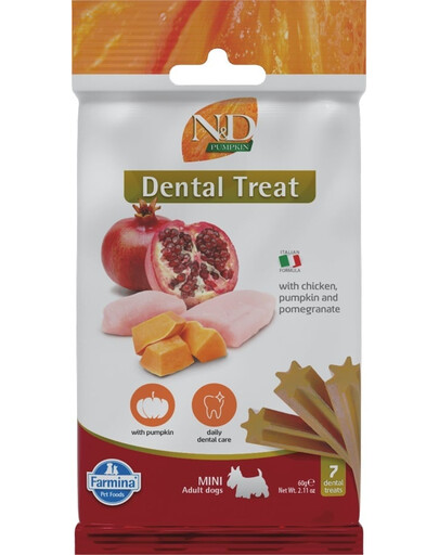 FARMINA N&D Pumpkin Dental Treat Chicken Pomegranate Mini 60 g (7 pz) snack dentale per cani di piccola taglia