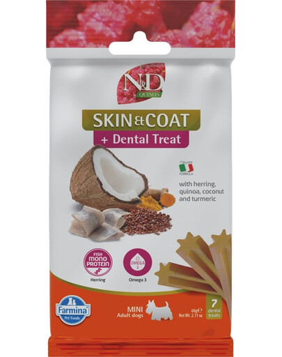 FARMINA N&D Quinoa Dental Treat Skin Coat Herring Mini 60 g (7 pz) snack dentale per cani di piccola taglia