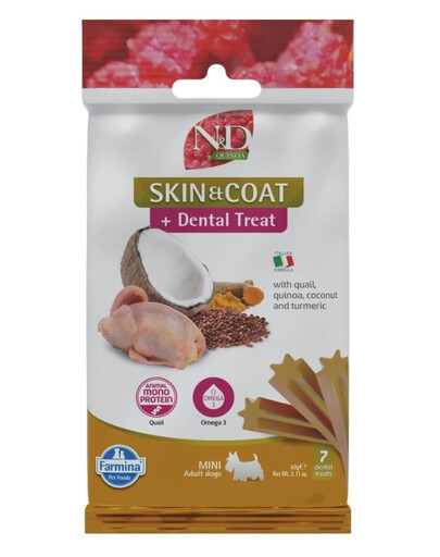 FARMINA N&D Quinoa Dental Treat Skin Coat Quail Mini 60 g (7 pz) snack dentale per cani di piccola taglia
