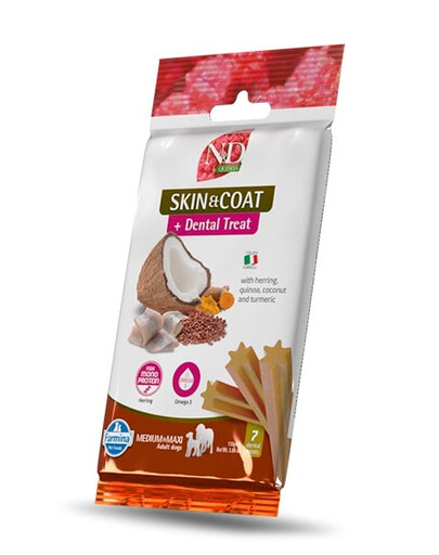 FARMINA N&D Quinoa Dental Treat Skin Coat Herring Medium/Maxi 100 g (7 pz) snack dentale per cani di taglia media e grande