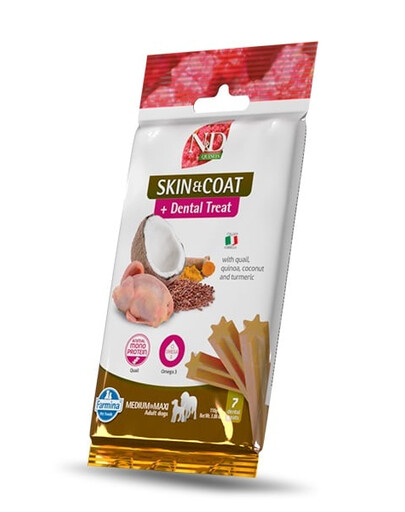 FARMINA N&D Quinoa Dental Treat Skin Coat Quail Medium/Maxi 100 g (7 pz) snack dentale per cani di taglia media e grande