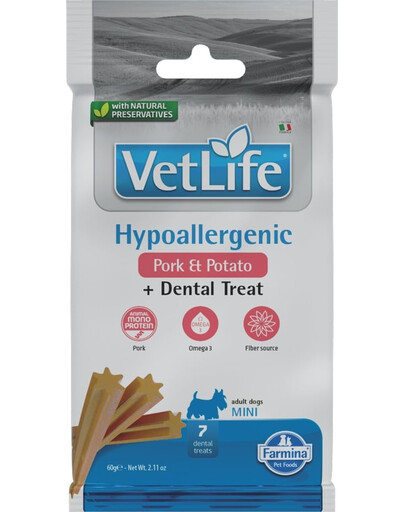FARMINA Vet Life Dental Treat Hypoallergenic Pork Mini 60 g (7 pz) snack dentale per cani di piccola taglia