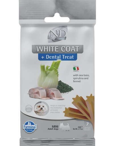 FARMINA N&D White Dental Treat Coat Sea bass Mini 60 g (7 pz) snack dentale per cani di piccola taglia