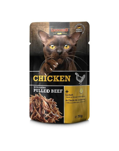 LEONARDO Pollo con extra Manzo Sfilacciato 70 g cibo umido per gatti