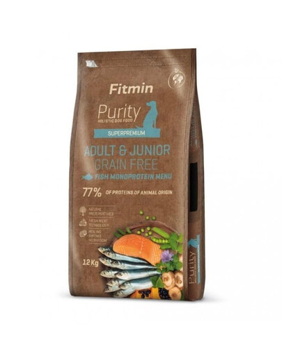 FITMIN Dog Purity Grain Free Adult Junior Fish Menu 12 kg cibo senza cereali a base di pesce per cani giovani e adulti di razze medie e grandi