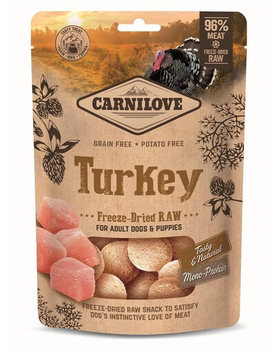 CARNILOVE Raw Freeze-dried Snack Turkey 60g bocconcini di tacchino liofilizzati per cuccioli e cani adulti