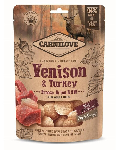 CARNILOVE Raw Freeze-dried Snack Venison and Turkey 60g bocconcini di cervo e tacchino liofilizzati per cani adulti