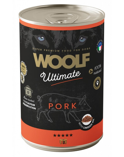 WOOLF Ultimate Adult Dog Pork and Linseed Oil 400g cibo umido per cani con carne di maiale e olio di semi di lino
