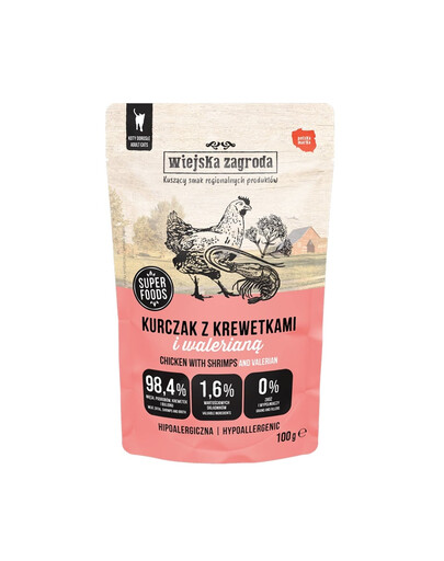 WIEJSKA ZAGRODA Superfoods Pollo con gamberi e valeriana cibo umido per gatti 100 g