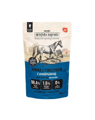 WIEJSKA ZAGRODA Superfoods Cavallo con tonno e valeriana cibo umido per gatti 100 g
