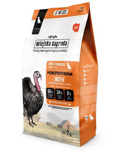 WIEJSKA ZAGRODA Alimento monoproteico con tacchino per cani S/M 2 kg