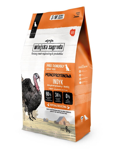 WIEJSKA ZAGRODA Alimento monoproteico con tacchino per cani S/M 6 kg