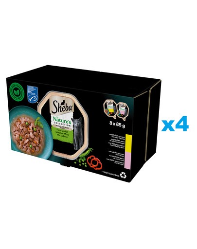 SHEBA Nature's Collection Sapori misti in vaschetta 32x85g Alimento umido completo in salsa per gatti adulti bocconcini con pollo e con salmone