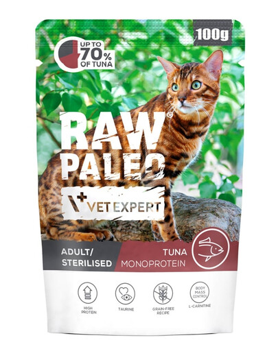 RAW PALEO Monoprotein Adult Sterilised Cat Tuna 100 g per gatti adulti e sterilizzati con tonno