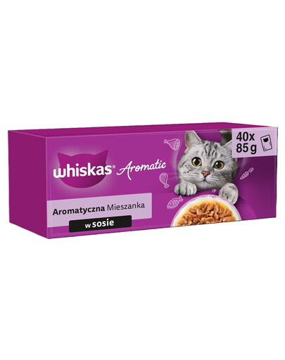 WHISKAS Adult Aromatica Mix 40x85 g cibo umido completo in bustina per gatti adulti in salsa con pezzi di maiale glassato e carote, pollo succoso, con pezzi di pesce oceanico in brodo, salmone delicato e piselli