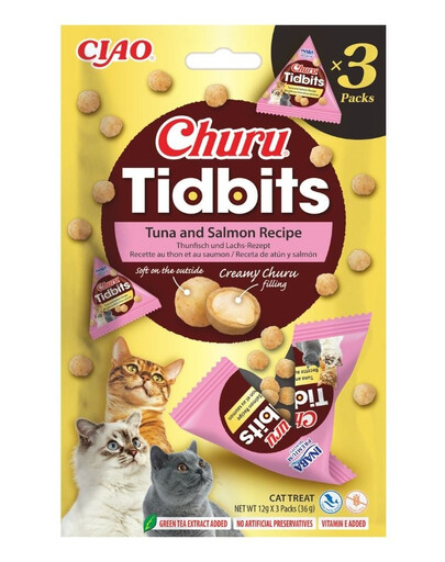 INABA Cat Churu Tidbits Tuna and Salmon Recipe 3x12g bocconcini morbidi e cremosi con tonno e salmone per gatti