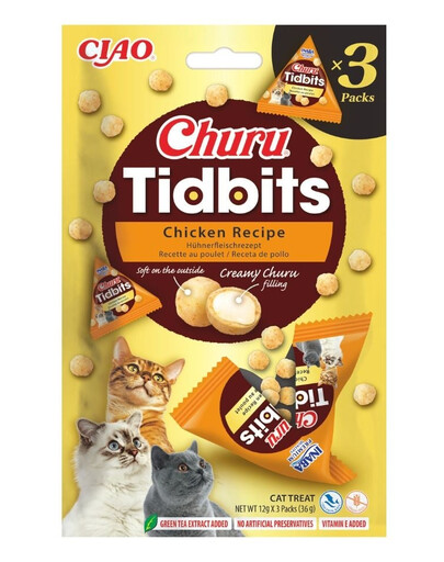 INABA Cat Churu Tidbits Chicken Recipe 3x12g bocconcini morbidi e cremosi con pollo e salmone per gatti