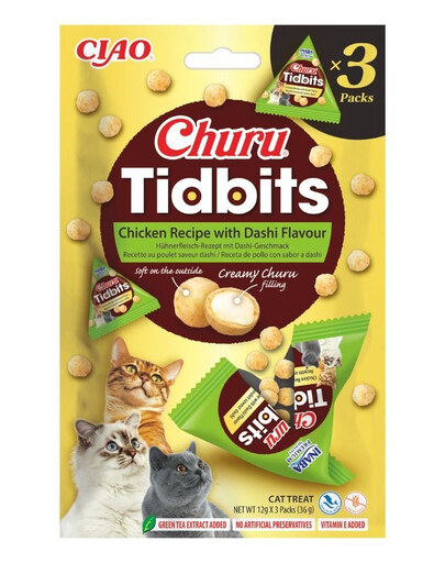 INABA Cat Churu Tidbits Chicken Recipe with Dashi Flavor 3x12g delicati bocconcini morbidi e cremosi al pollo con brodo dashi per gatti