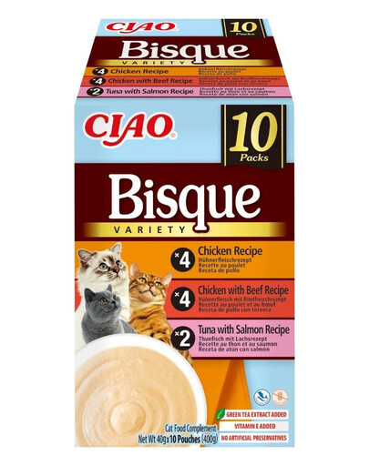 INABA Cat Ciao Bisque Variety 10x40g mix di zuppe cremose con pollo, manzo e pesce per gatti
