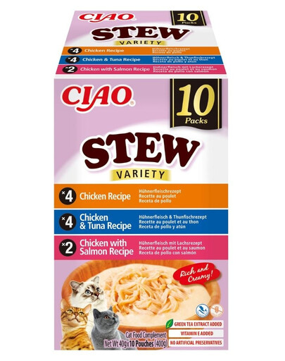 INABA Cat Ciao Stew Creamy Variety 10x40g mix di prelibatezze con pollo, tonno e salmone in salsa cremosa