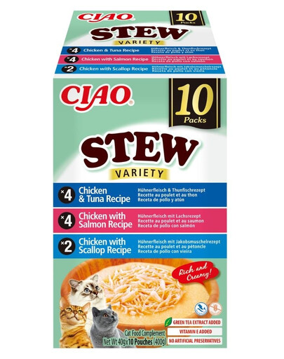 INABA Cat Ciao Stew Creamy Variety 10x40g mix di prelibatezze con pollo, pesce e capesante in salsa cremosa