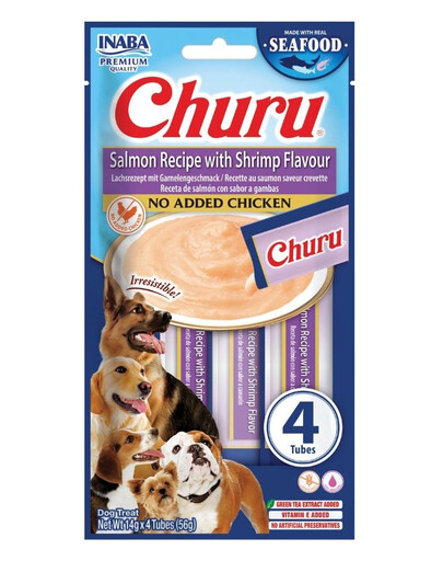 INABA Dog Churu Fish Based Salmon with Shrimp Recipe 4x14g cremosi snack con salmone e gamberi per cani