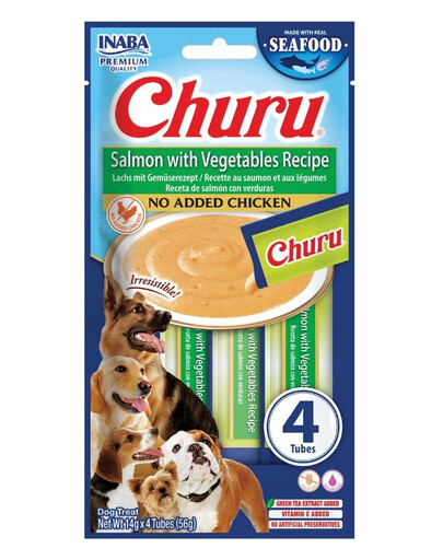 INABA Dog Churu Fish Based Salmon with Vegetables Recipe 4x14g cremosi snack con salmone e verdure per cani