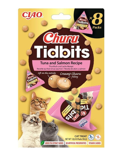 INABA Cat Churu Tidbits Tuna and Salmon Recipe 8x12g bocconcini morbidi e cremosi con tonno e salmone per gatti