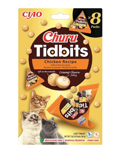 INABA Cat Churu Tidbits Chicken Recipe 8x12g bocconcini morbidi e cremosi con pollo e salmone per gatti
