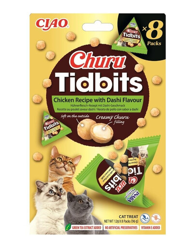 INABA Cat Churu Tidbits Chicken Recipe with Dashi Flavor 8x12g delicati bocconcini morbidi e cremosi al pollo con brodo dashi per gatti