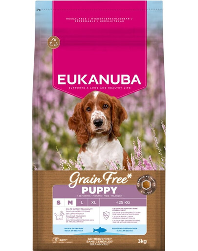 EUKANUBA Grain Free Puppy Small Medium Ocean Fish 3 kg cibo secco senza cereali con pesce per cuccioli di piccole e medie razze