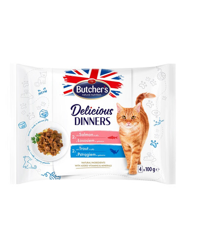 BUTCHER'S Delicious Dinners Pezzi in gelatina per gatti adulti 4x100g con salmone, con trota