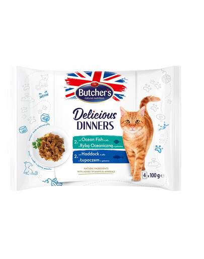 BUTCHER'S Pezzi in gelatina per gatti adulti 4x100g con pesce oceanico, con eglefino