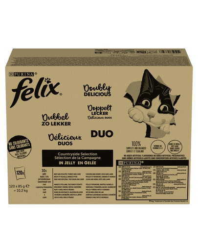 FELIX Fantastic DUO Mix Sapori di Campagna in gelatina 120x85g manzo e pollame, tacchino e fegato, pollo e reni, anatra e agnello, cibo umido per gatti