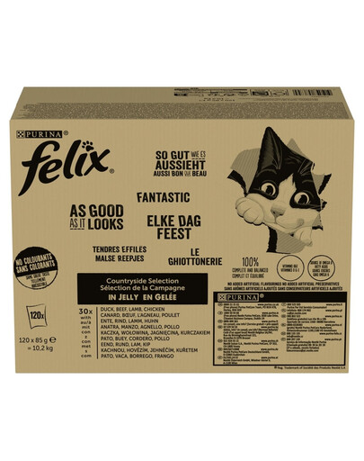 FELIX Fantastic Sapori di Campagna in gelatina Mix carne 120x85g manzo, pollo, anatra e agnello, cibo umido per gatti