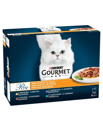 PURINA Perle Mini fileciki in salsa 12x85g tacchino, anatra, agnello e tonno, cibo umido per gatti