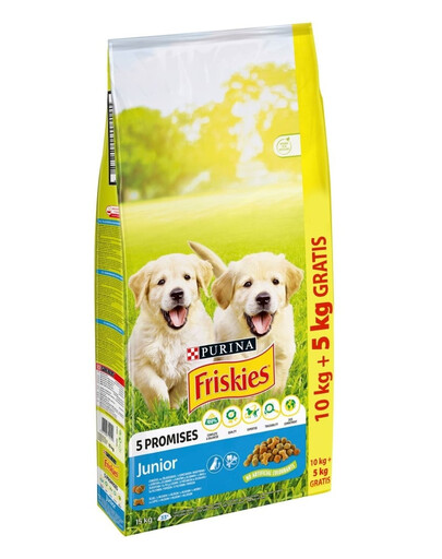 FRISKIES 5 Promises Junior Chicken, Milk and Vegetables 10+5kg miscela di pollo e verdure con latte, cibo secco per cuccioli