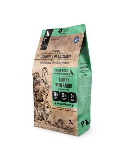 COUNTRY OF ANIMALS Dog Turkey with Rabbit S 2 kg tacchino con coniglio, cibo secco per cani