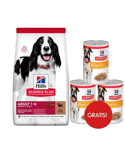 HILL'S Science Plan Canine Adult Medium Lamb & Rice 18kg per cani di taglia media con agnello e riso + 3 scatolette di cibo umido HILL'S GRATIS