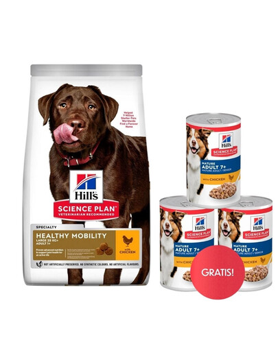 HILL'S Science Plan Canine Adult Healthy Mobility Large breed Chicken 14kg per cani di taglia grande per il benessere delle articolazioni + 3 scatolette di cibo umido HILL'S GRATIS