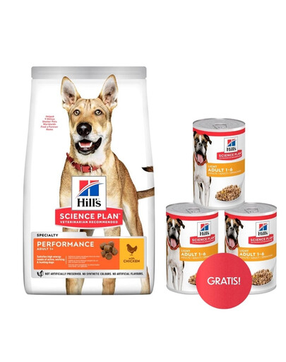 HILL'S Canine Adult 1+ Performance al pollo 14kg per cani attivi + 3 scatolette GRATIS
