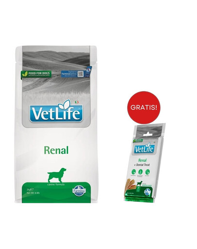 FARMINA Vet Life Renal Dog 2 kg alimento per cani con malattie renali + FARMINA Vet Life Dental Treat Renal Medium/Maxi 100 g (7 pezzi) GRATIS!