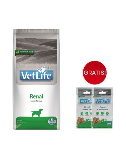 FARMINA Vet Life Renal Dog 12 kg alimento per cani con malattie renali + 2 x FARMINA Vet Life Dental Treat Renal Mini 60 g (7 pezzi) GRATIS!