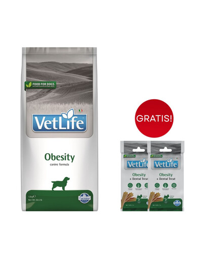 FARMINA Vet Life Obesity Dog 12 kg alimento per cani in sovrappeso + 2 x FARMINA Vet Life Dental Treat Obesity Mini 60 g (7 pezzi) GRATIS!