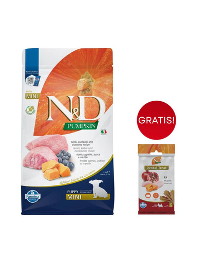 FARMINA N&D GF Pumpkin Lamb & Blueberry Puppy Mini 2,5 kg per cuccioli di piccola taglia + FARMINA N&D Pumpkin Dental Treat Chicken & Pomegranate Mini 60 g (7 pezzi) GRATIS!